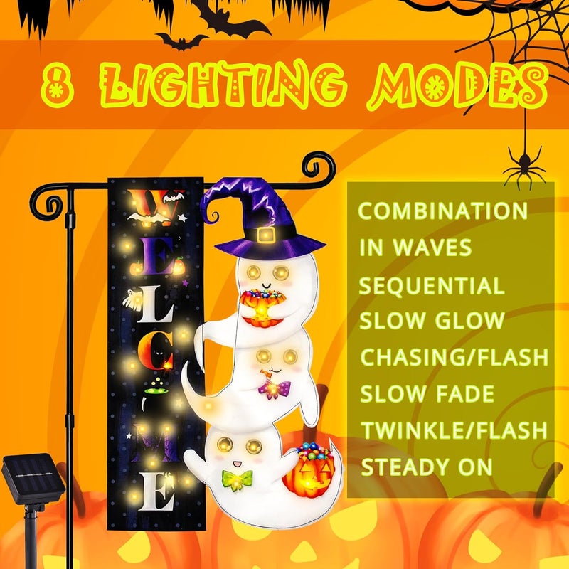 FLAGMESAGE Halloween Lighted Garden Flag, Solar Yard Flag for Outside, 8 Modes Double Sided Welcome Halloween Ghost Outdoor Decorations for Home Porch (Ghost-12x18) - Image 4